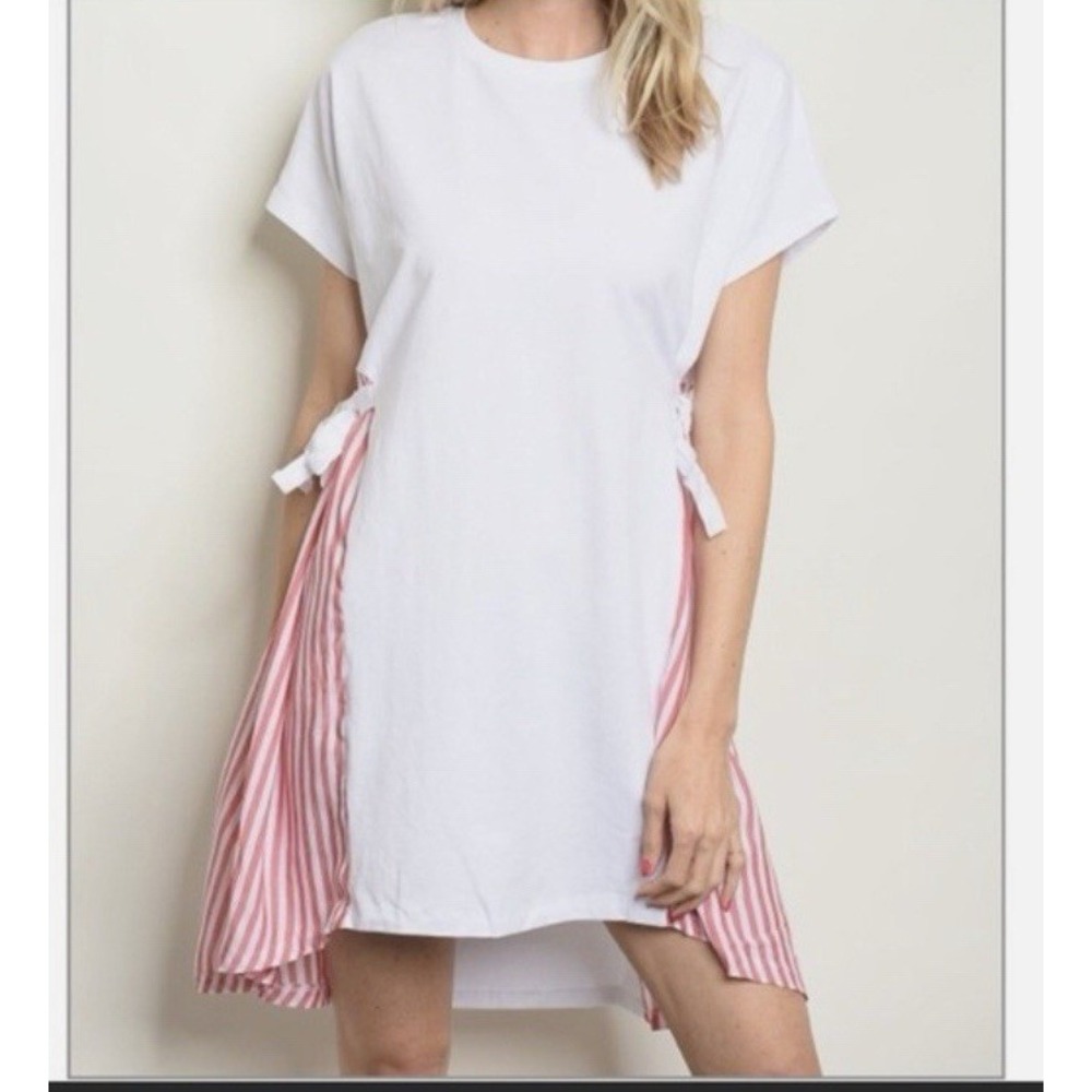 Zara Womens White T Shirt Mini Dress Red Striped Side Panels Ties Casual Size M